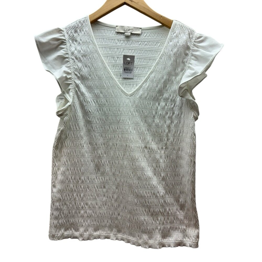 LOFT Cap Sleeve White Rouge Women’s Ruffle Sleeve Size L Top NWT